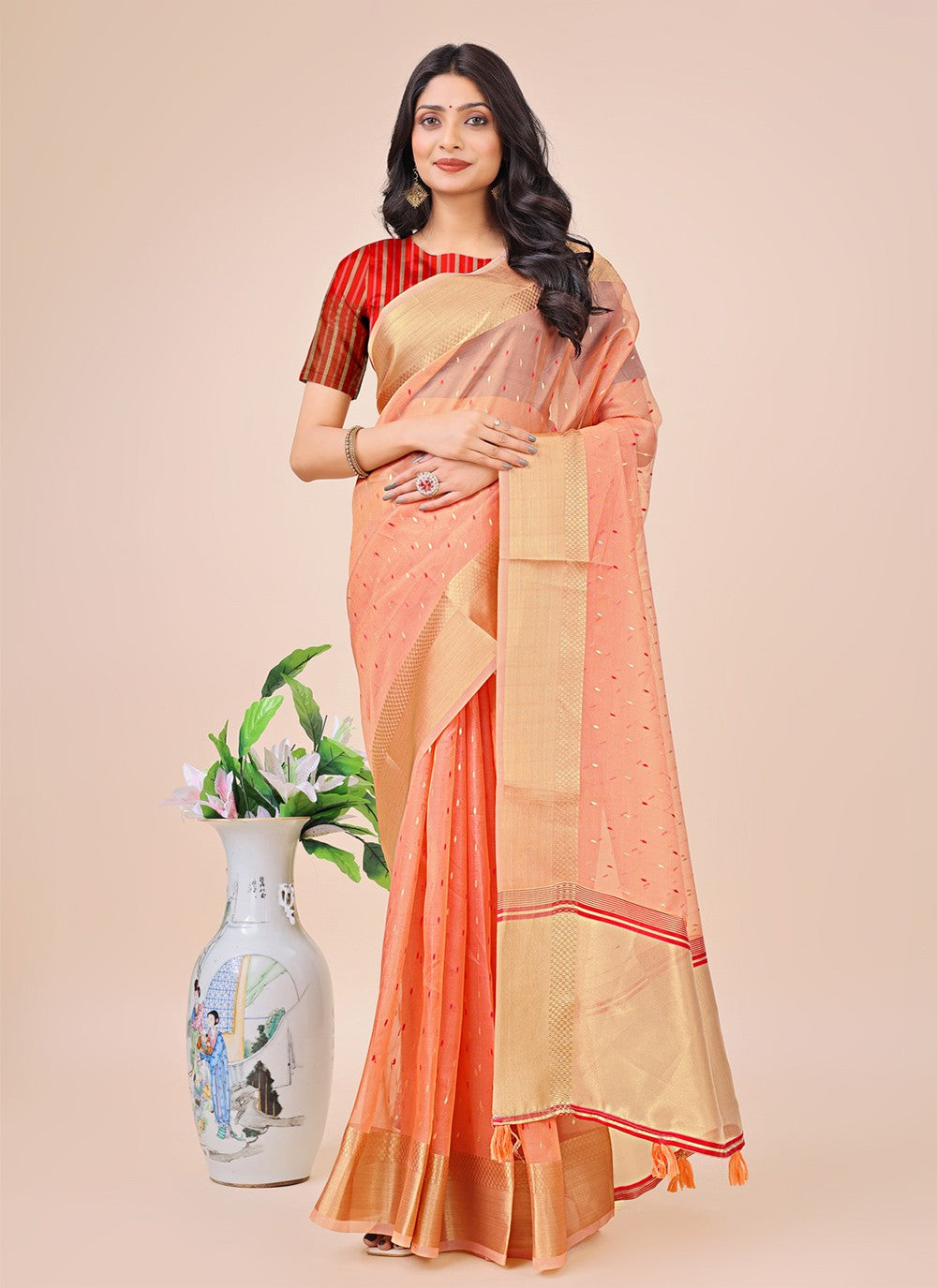 Woven Organza Peach Contemporary Saree S15184