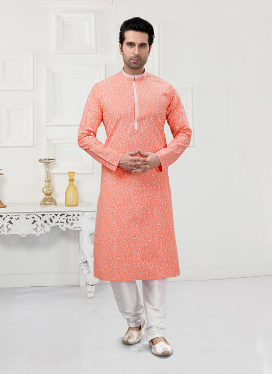 Printed Cotton Peach Kurta Pyjama - M3158