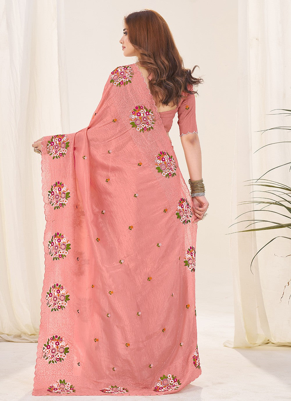 Peach Crush Trendy Saree Cut Work, Embroidered, Thread S19136