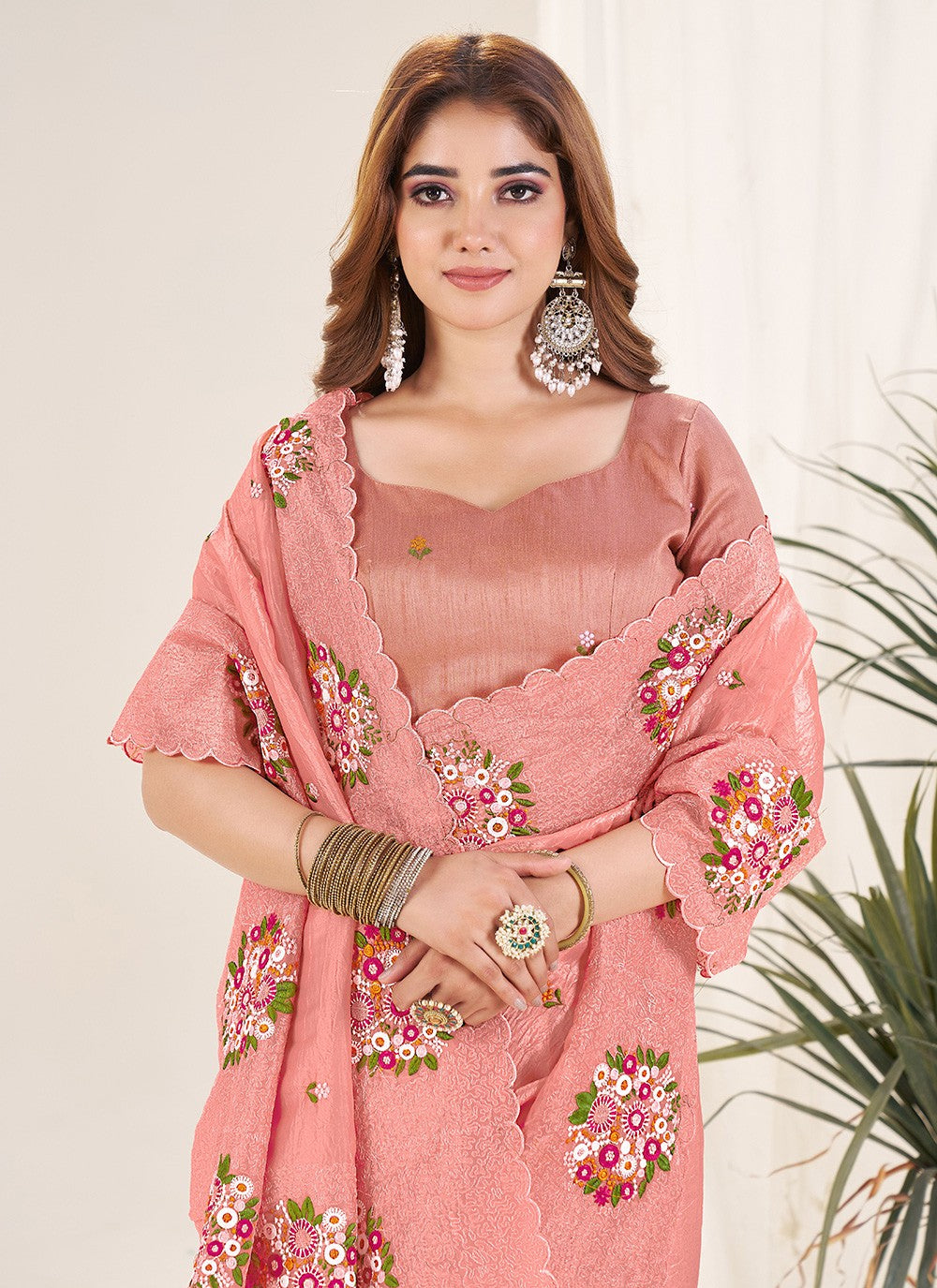 Peach Crush Trendy Saree Cut Work, Embroidered, Thread S19136