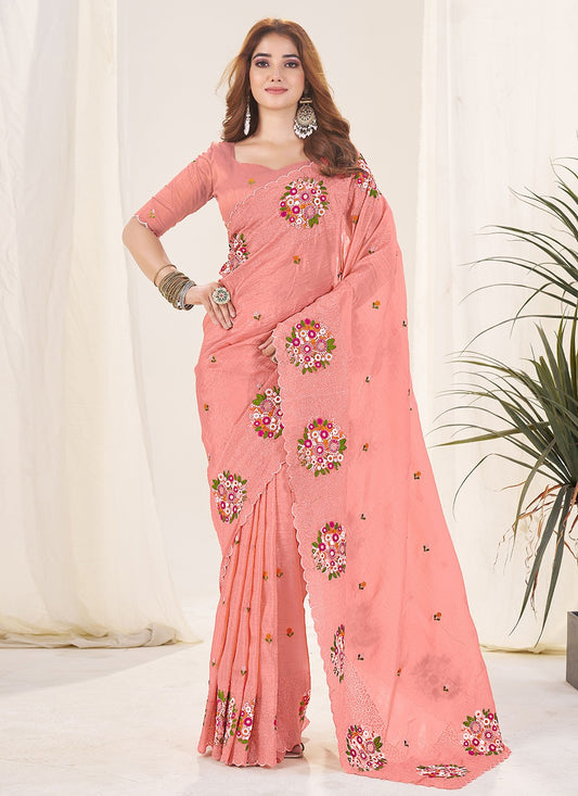 Peach Crush Trendy Saree Cut Work, Embroidered, Thread S19136