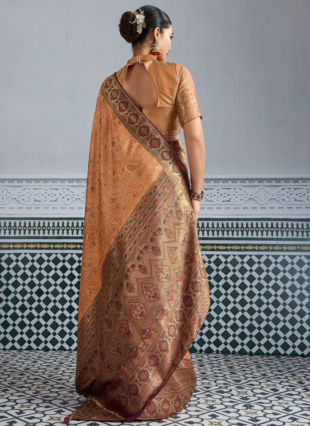 Peach Kanjivaram Silk Designer Saree Jaal, Meenakari, Woven, Zari S19340