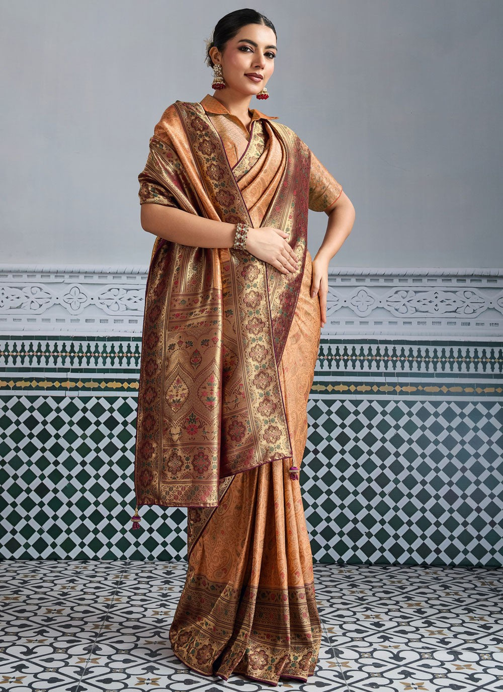Peach Kanjivaram Silk Designer Saree Jaal, Meenakari, Woven, Zari S19340