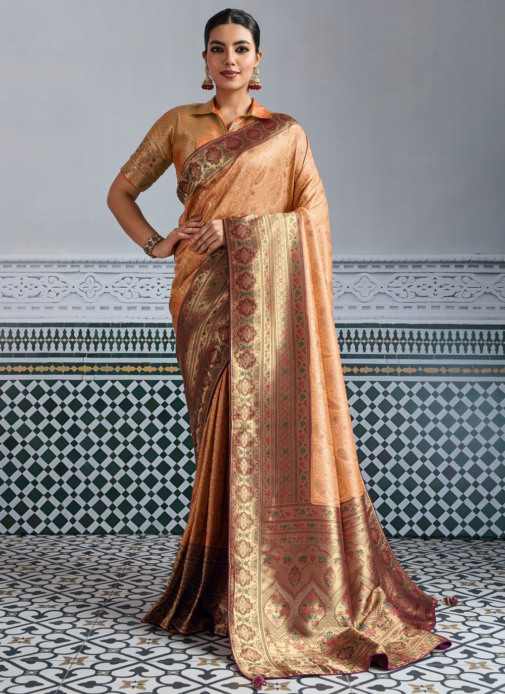 Peach Kanjivaram Silk Designer Saree Jaal, Meenakari, Woven, Zari S19340