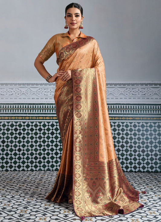 Peach Kanjivaram Silk Designer Saree Jaal, Meenakari, Woven, Zari S19340