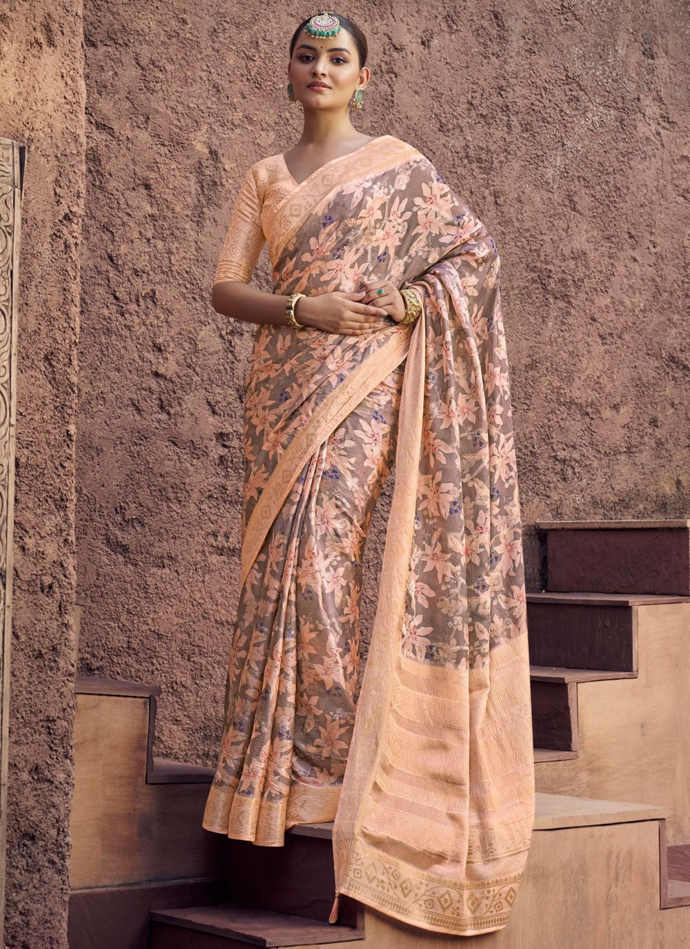 Peach Jacquard Classic Saree Digital Print S20342