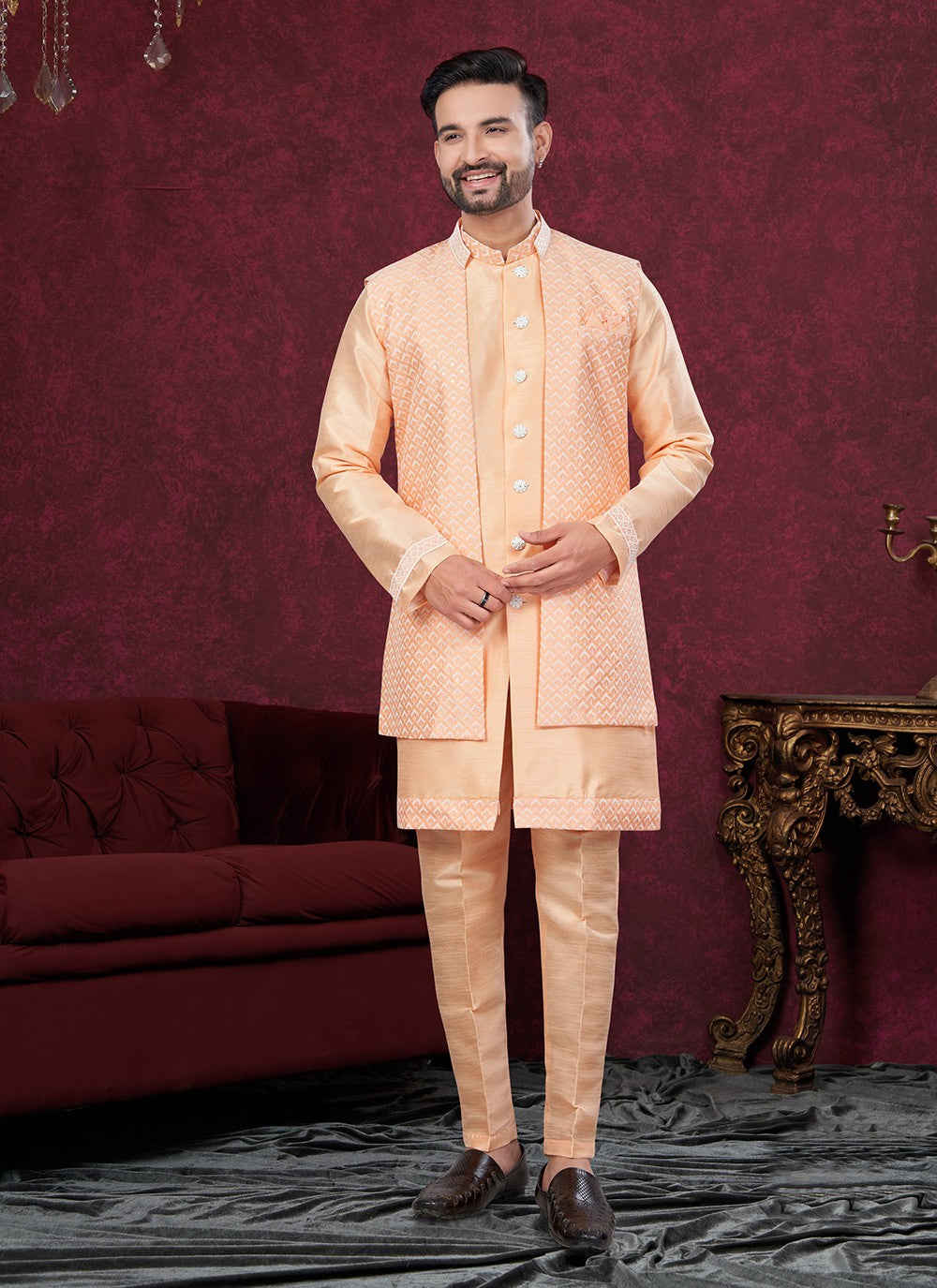 Embroidered Art Silk Peach Indo Western Sherwani - M8602