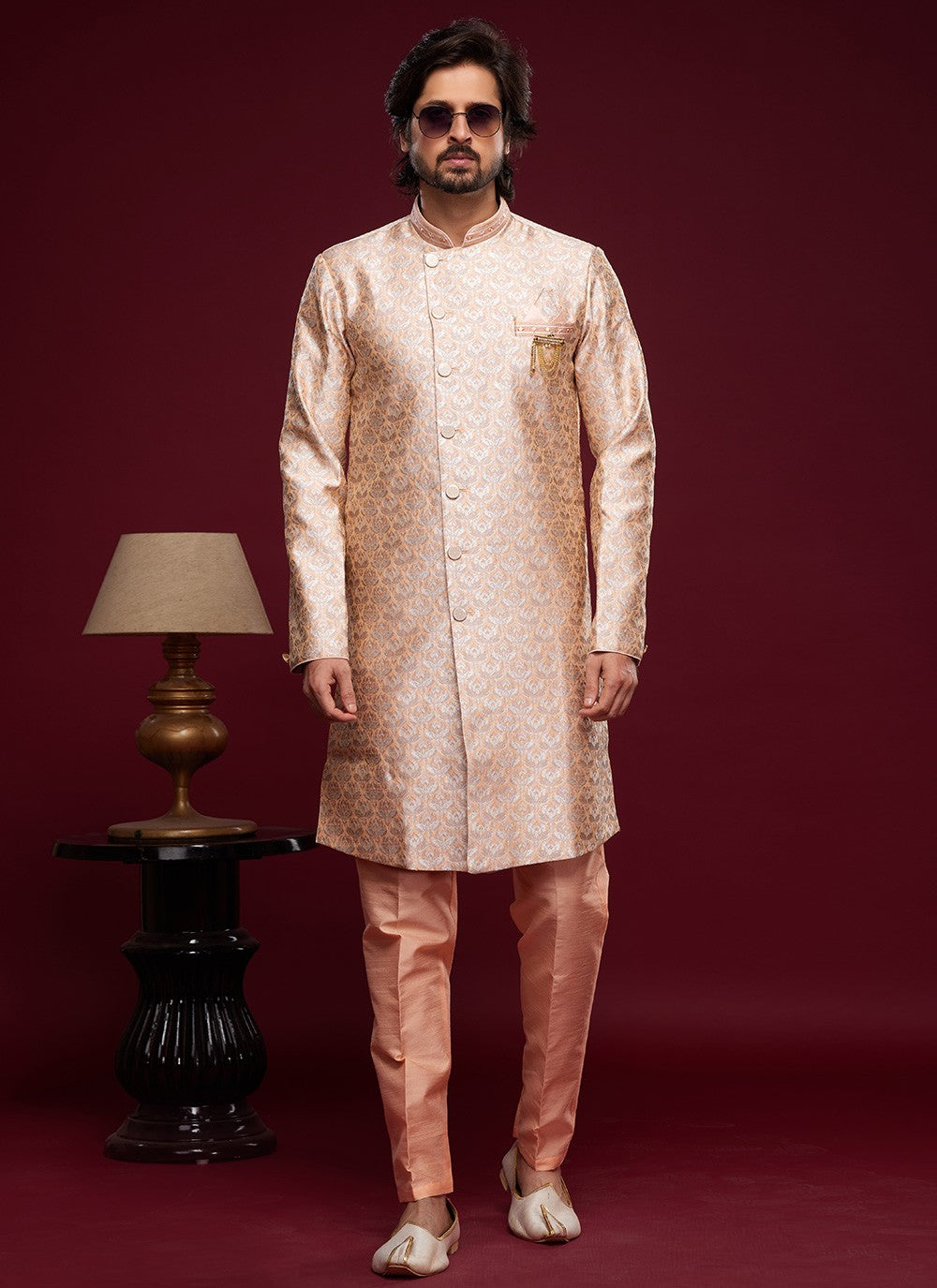 Embroidered Banarasi Jacquard Peach Indo Western - M6006