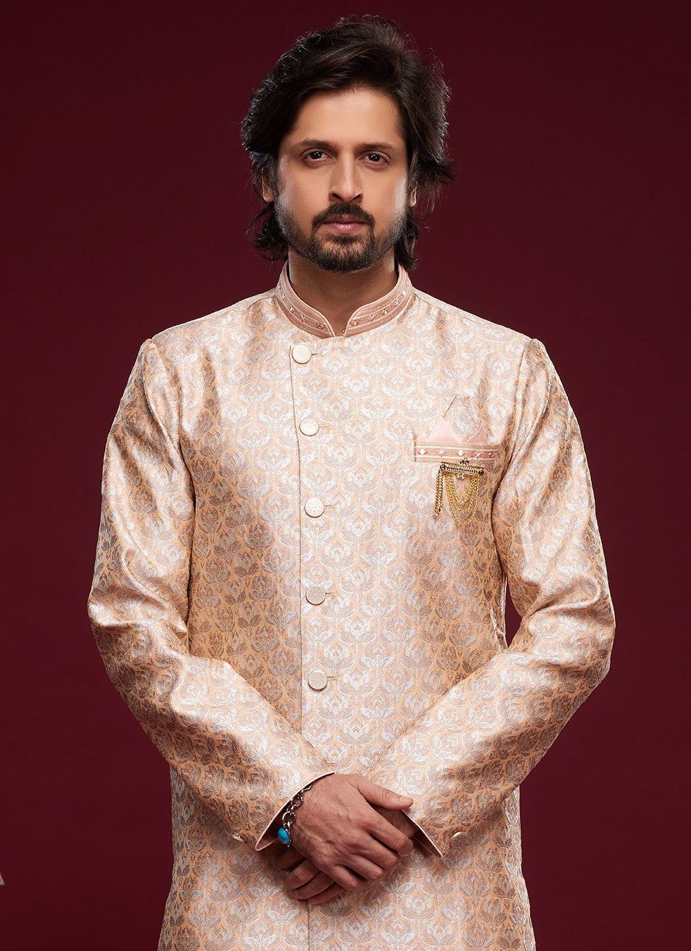 Embroidered Banarasi Jacquard Peach Indo Western - M6006