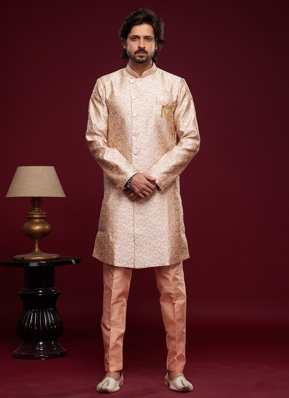 Embroidered Banarasi Jacquard Peach Indo Western - M6006
