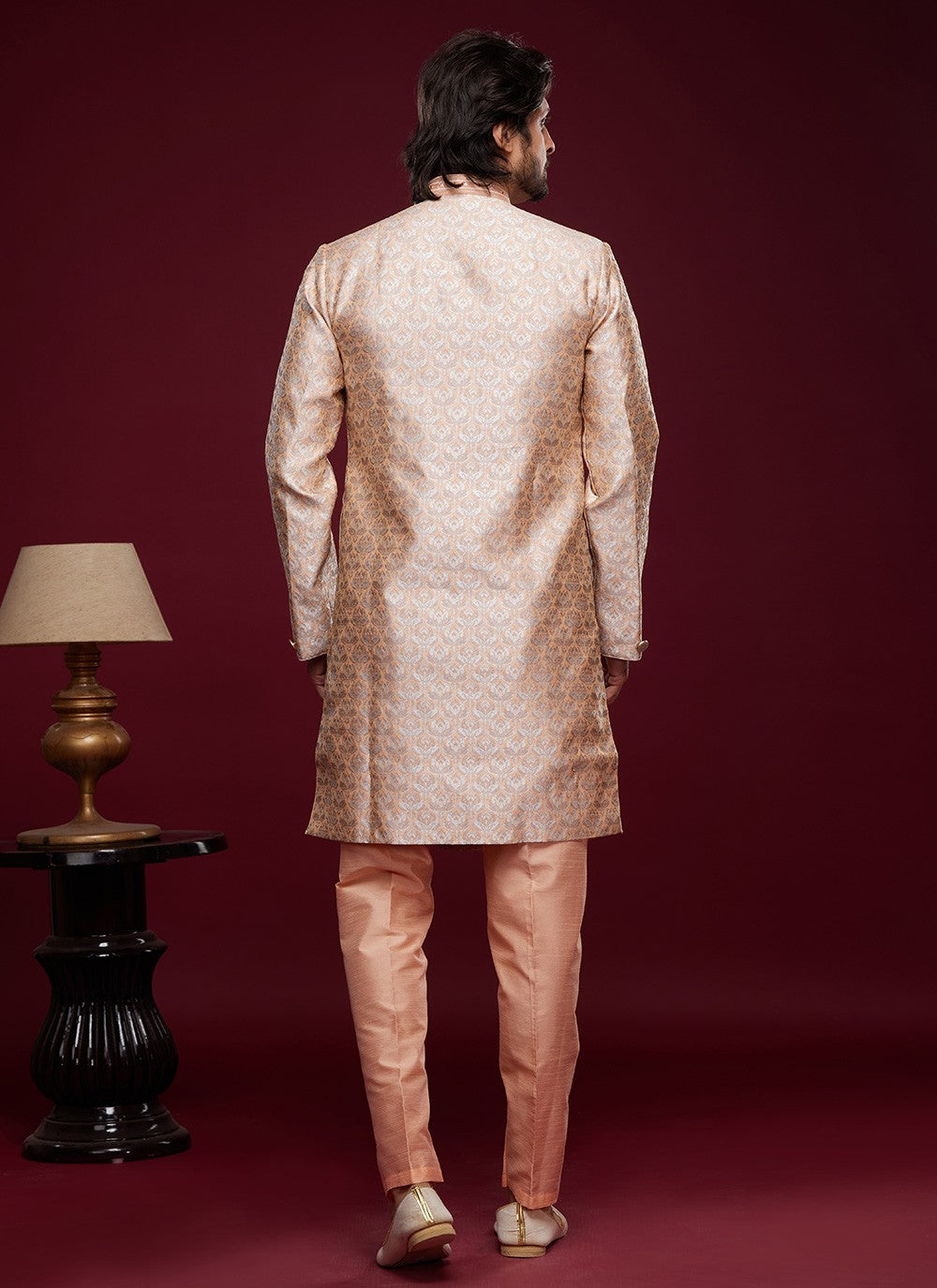 Embroidered Banarasi Jacquard Peach Indo Western - M6006