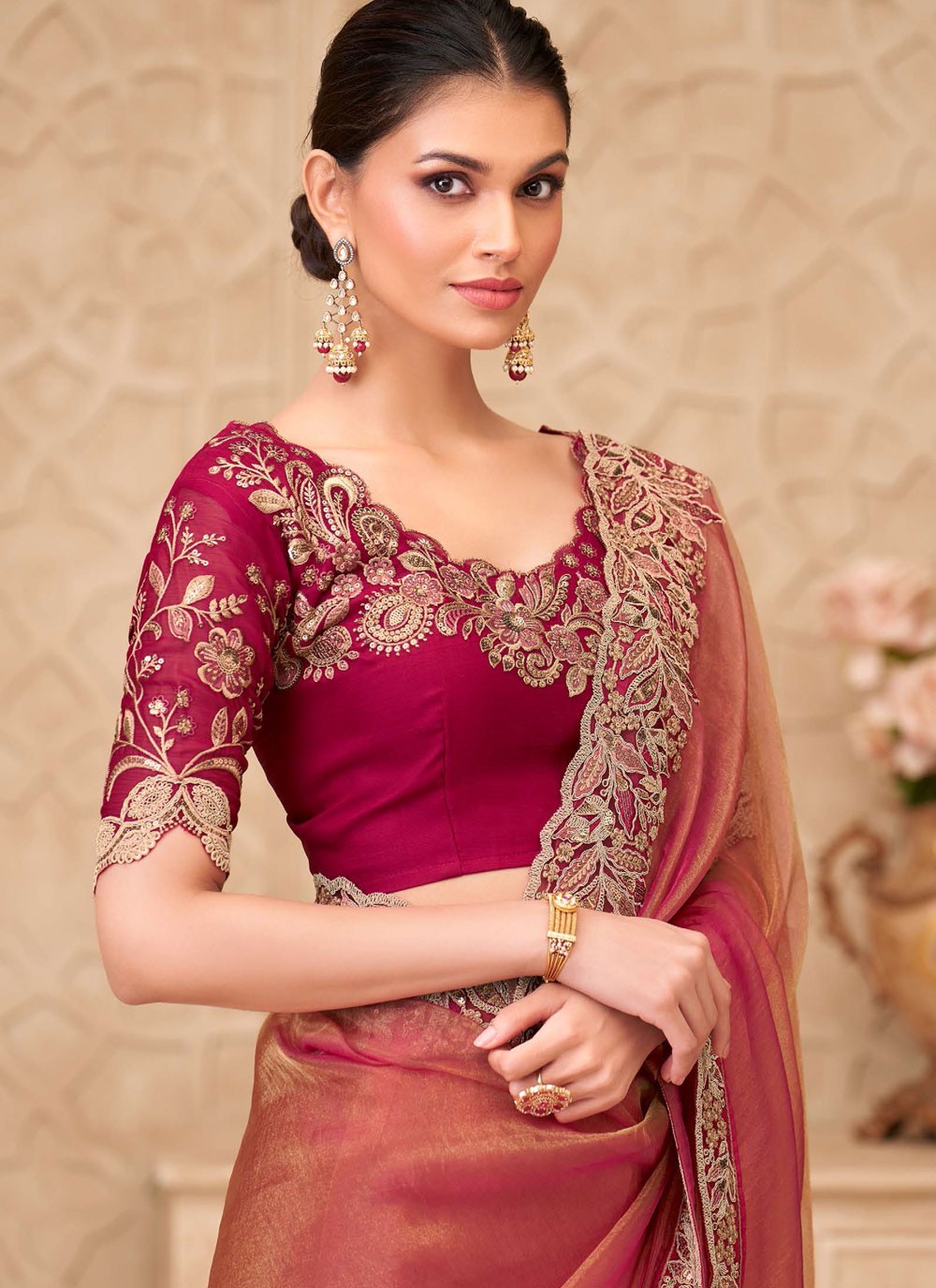 Peach Georgette Contemporary Saree Border Work, Embroidered S19777