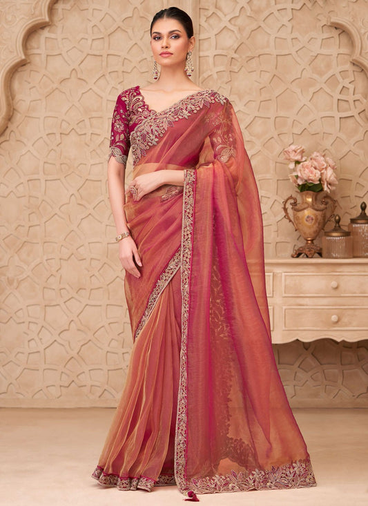 Peach Georgette Contemporary Saree Border Work, Embroidered S19777