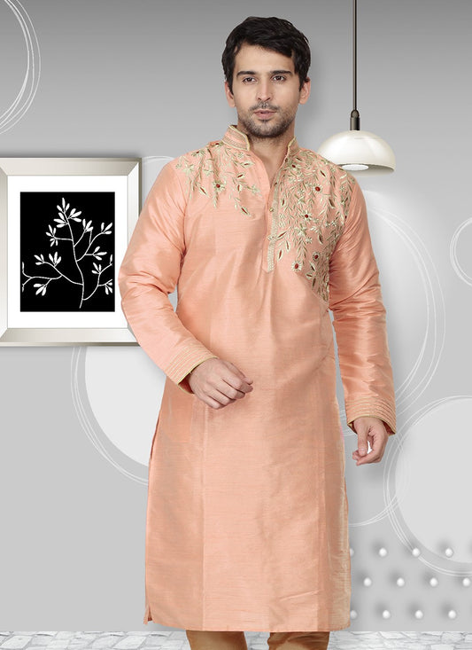 Embroidered Dupion Silk Peach Kurta - M2359