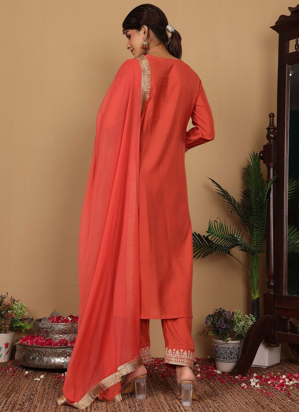 Salwar Suit Embroidered Peach Silk Blend T5648