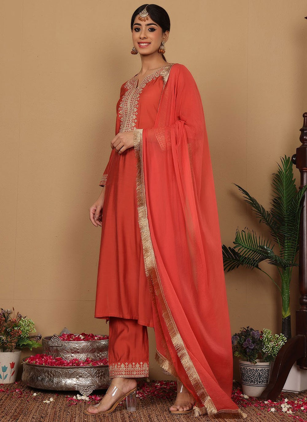 Salwar Suit Embroidered Peach Silk Blend T5648
