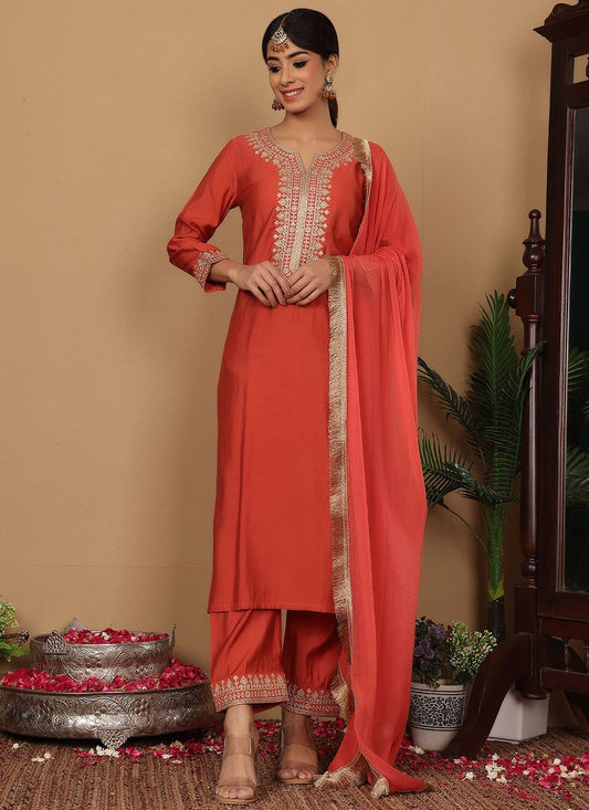 Salwar Suit Embroidered Peach Silk Blend T5648