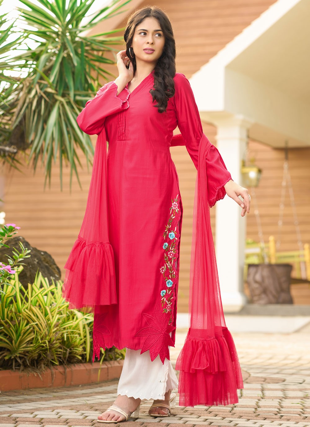 Salwar Suit Embroidered Peach Silk T5352
