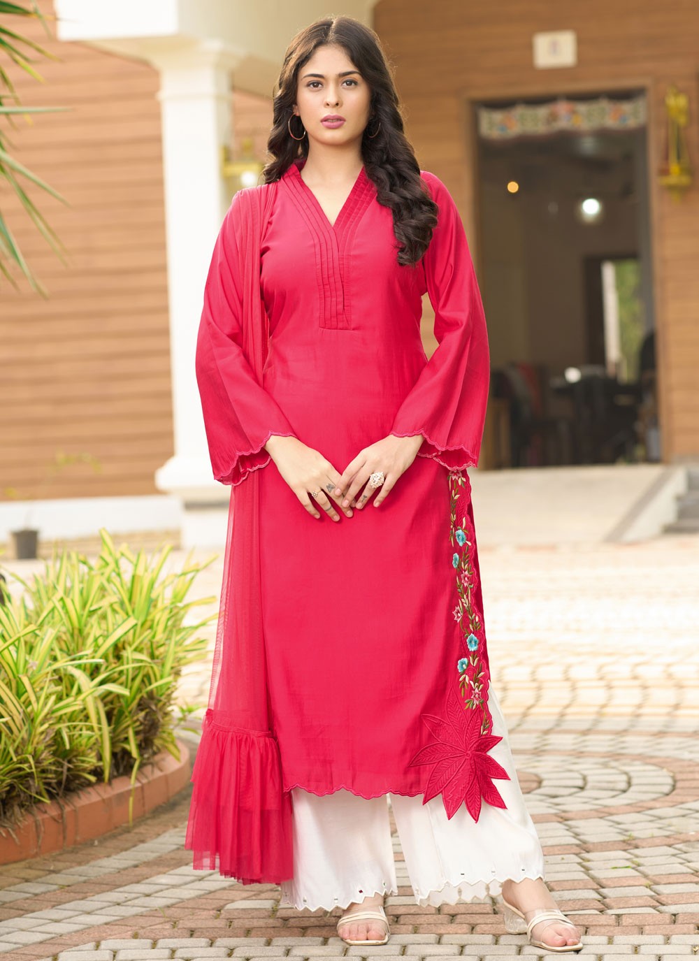Salwar Suit Embroidered Peach Silk T5352