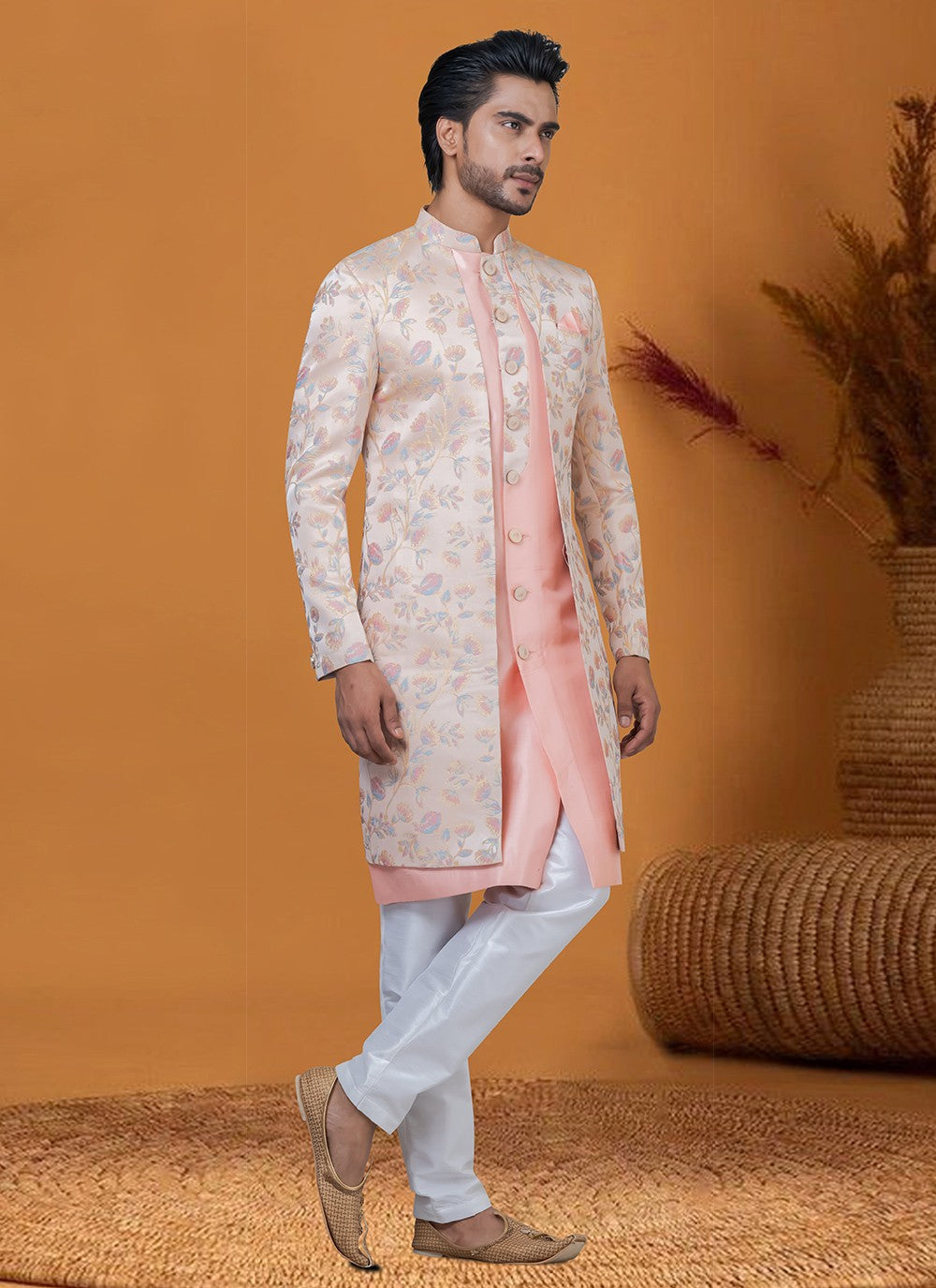 Jacquard Work Jacquard Silk Peach Indo Western - M8403