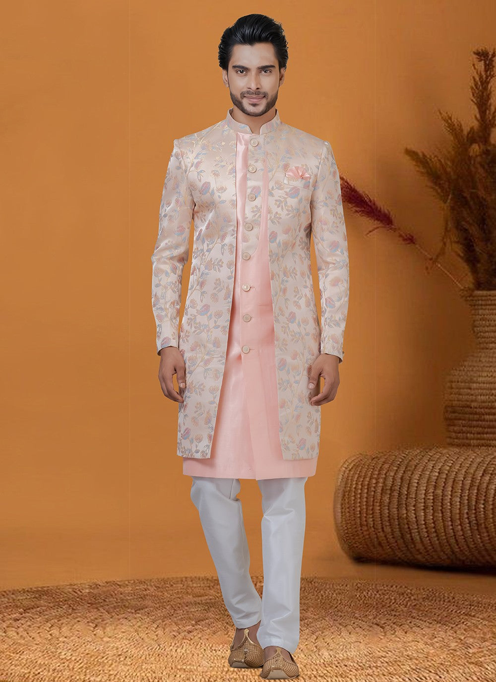 Jacquard Work Jacquard Silk Peach Indo Western - M8403