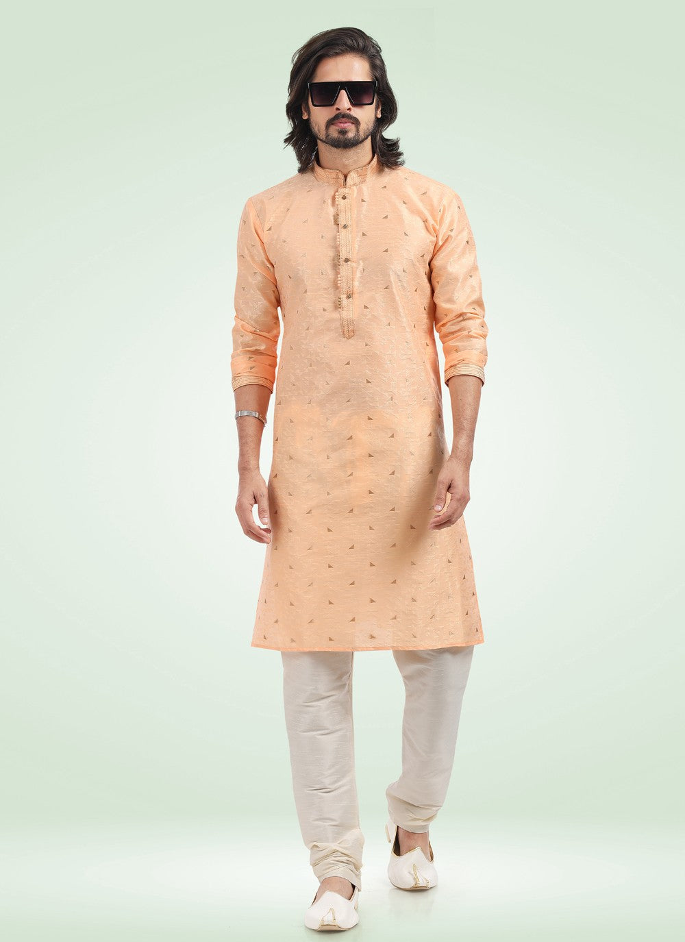Fancy Work Banarasi Jacquard Peach Kurta Pyjama - M4573