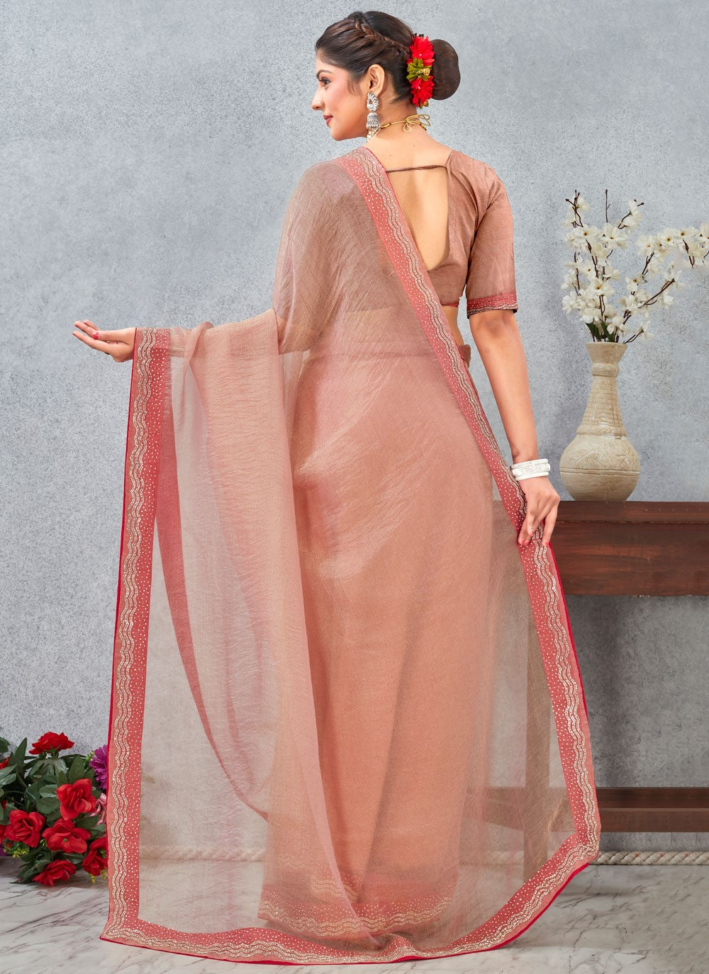 Peach Silk Classic Saree Border Work, Zircon S20336