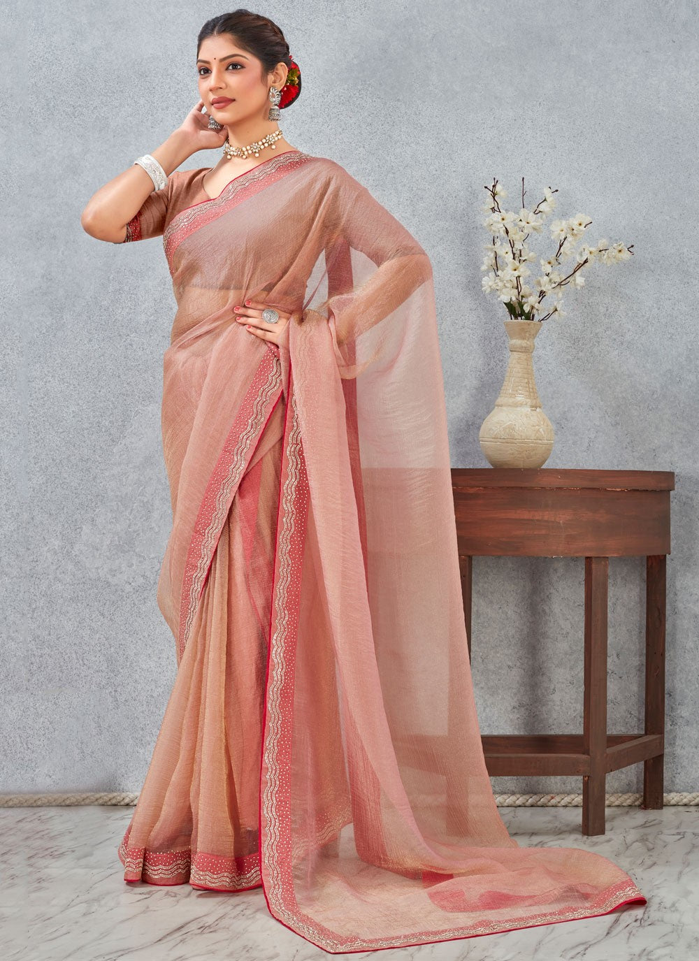 Peach Silk Classic Saree Border Work, Zircon S20336