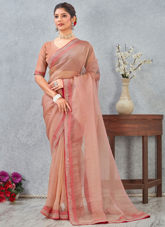 Peach Silk Classic Saree Border Work, Zircon S20336