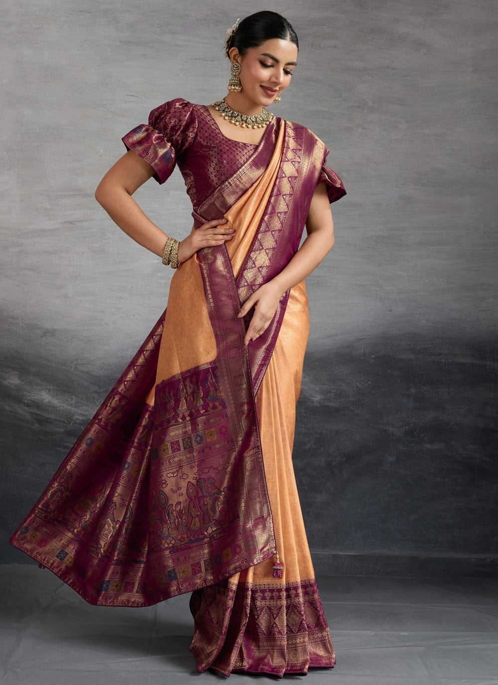 Peach Kanjivaram Silk Classic Saree Weaving Zari S19839