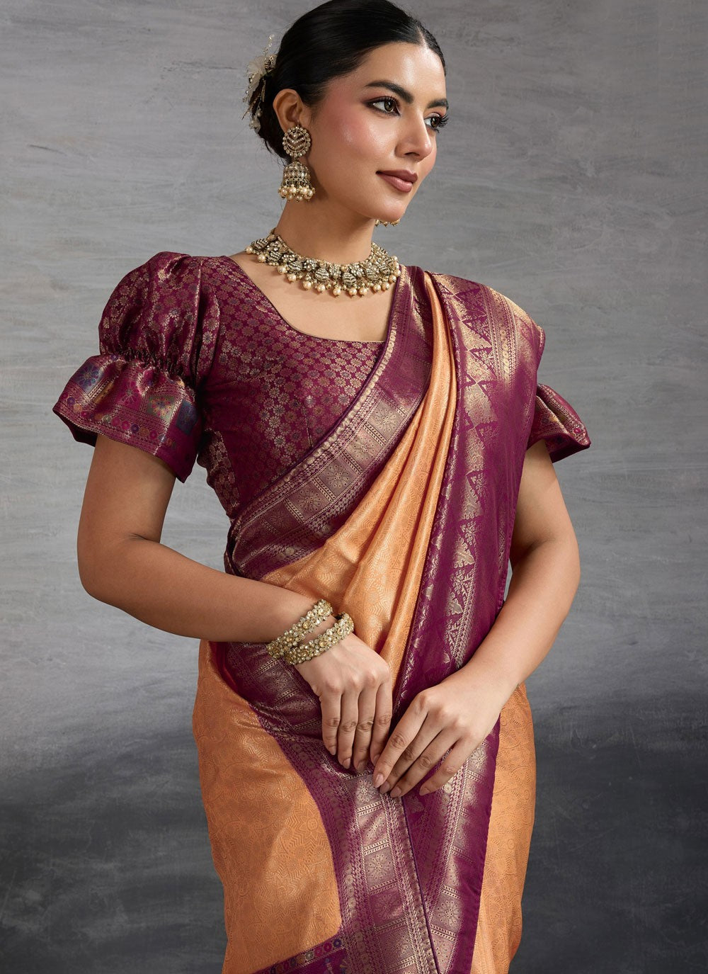 Peach Kanjivaram Silk Classic Saree Weaving Zari S19839