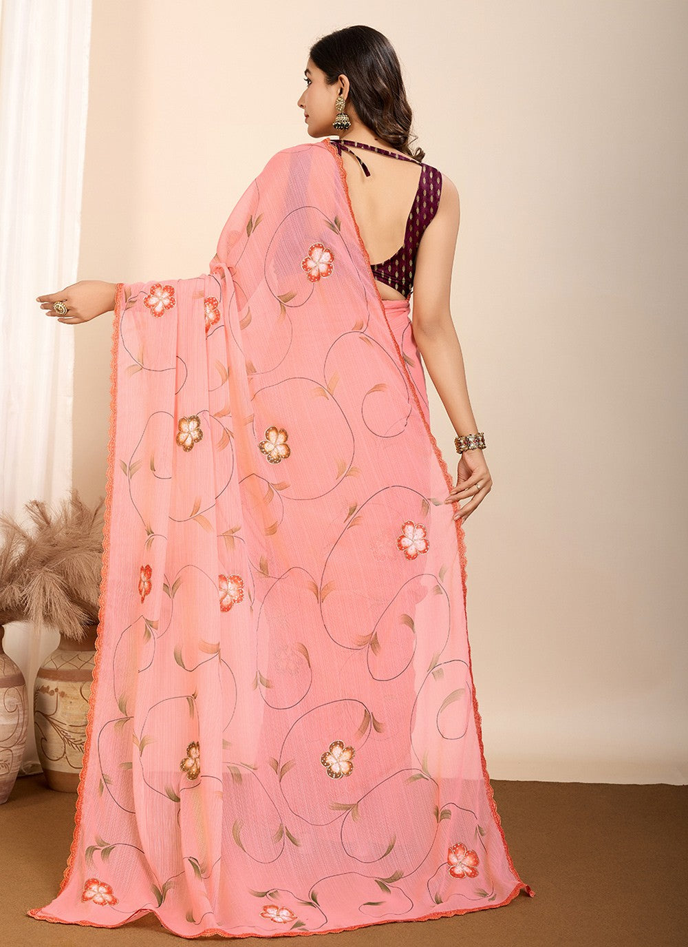 Classic Saree Foliage Prints Peach Georgette Saree S13462