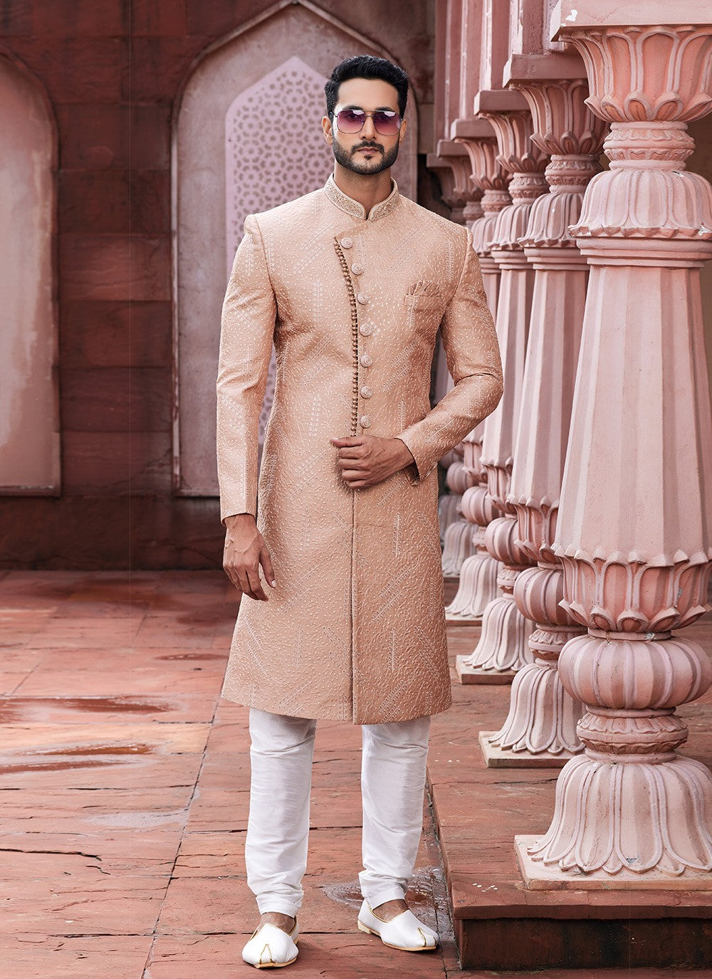 Hand Embroidery Art Silk Peach Sherwani - M6144