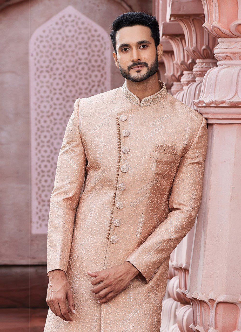 Hand Embroidery Art Silk Peach Sherwani - M6144