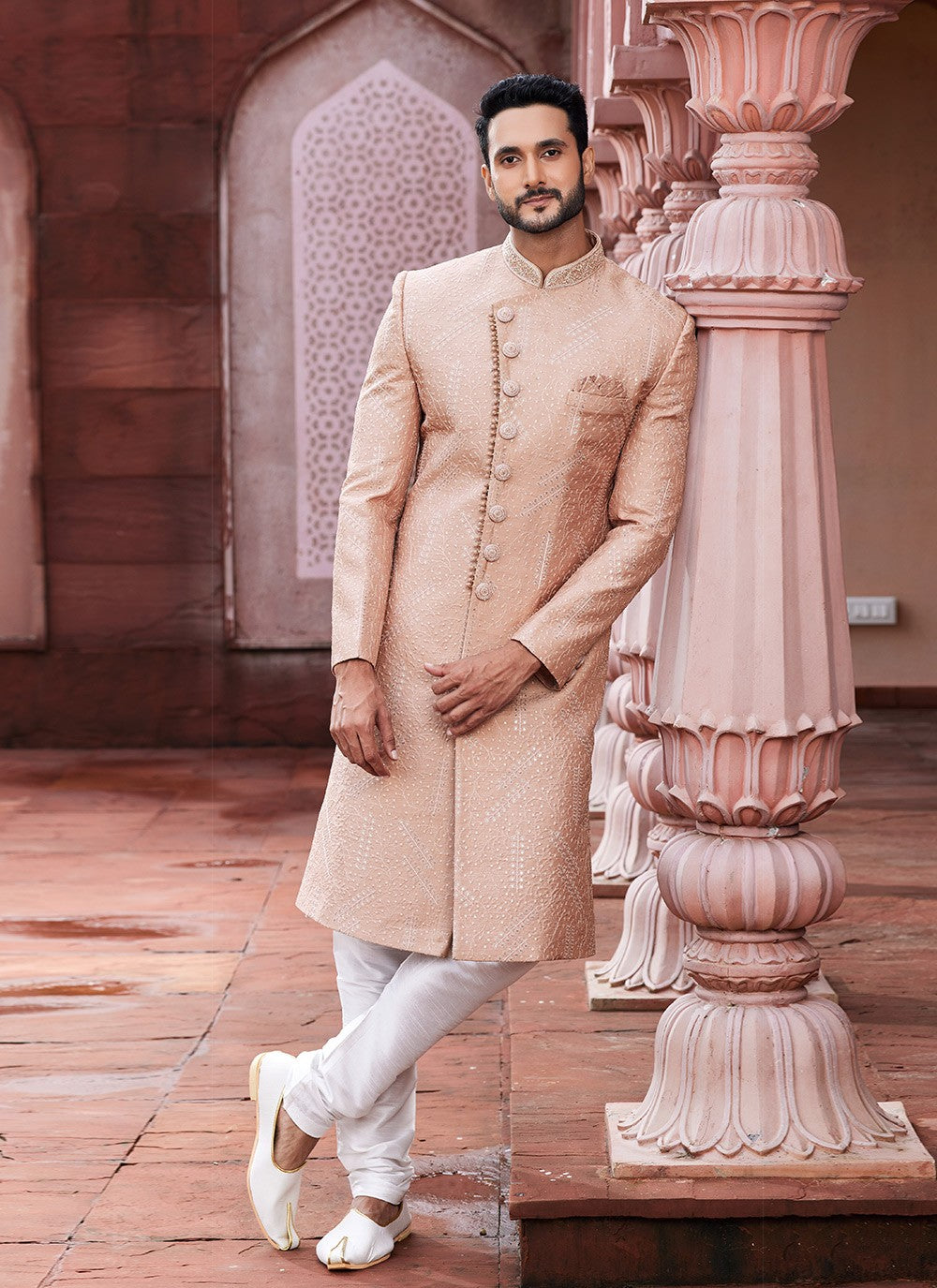 Hand Embroidery Art Silk Peach Sherwani - M6144