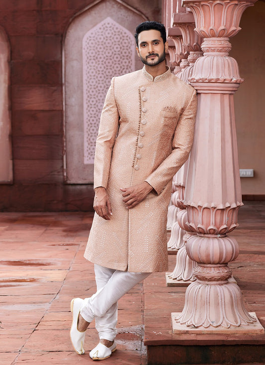 Hand Embroidery Art Silk Peach Sherwani - M6144