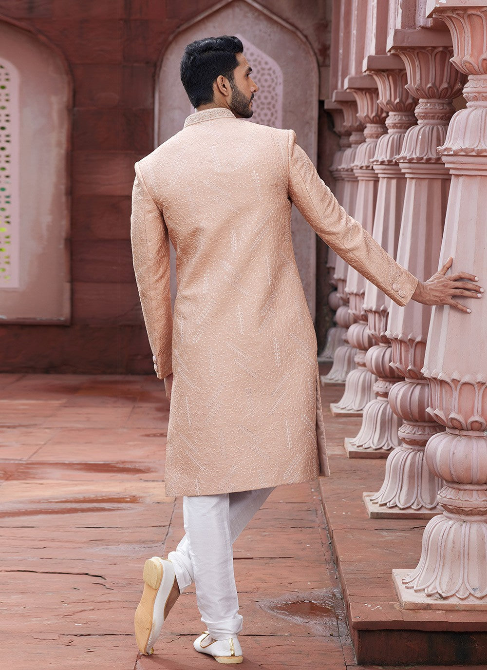 Hand Embroidery Art Silk Peach Sherwani - M6144
