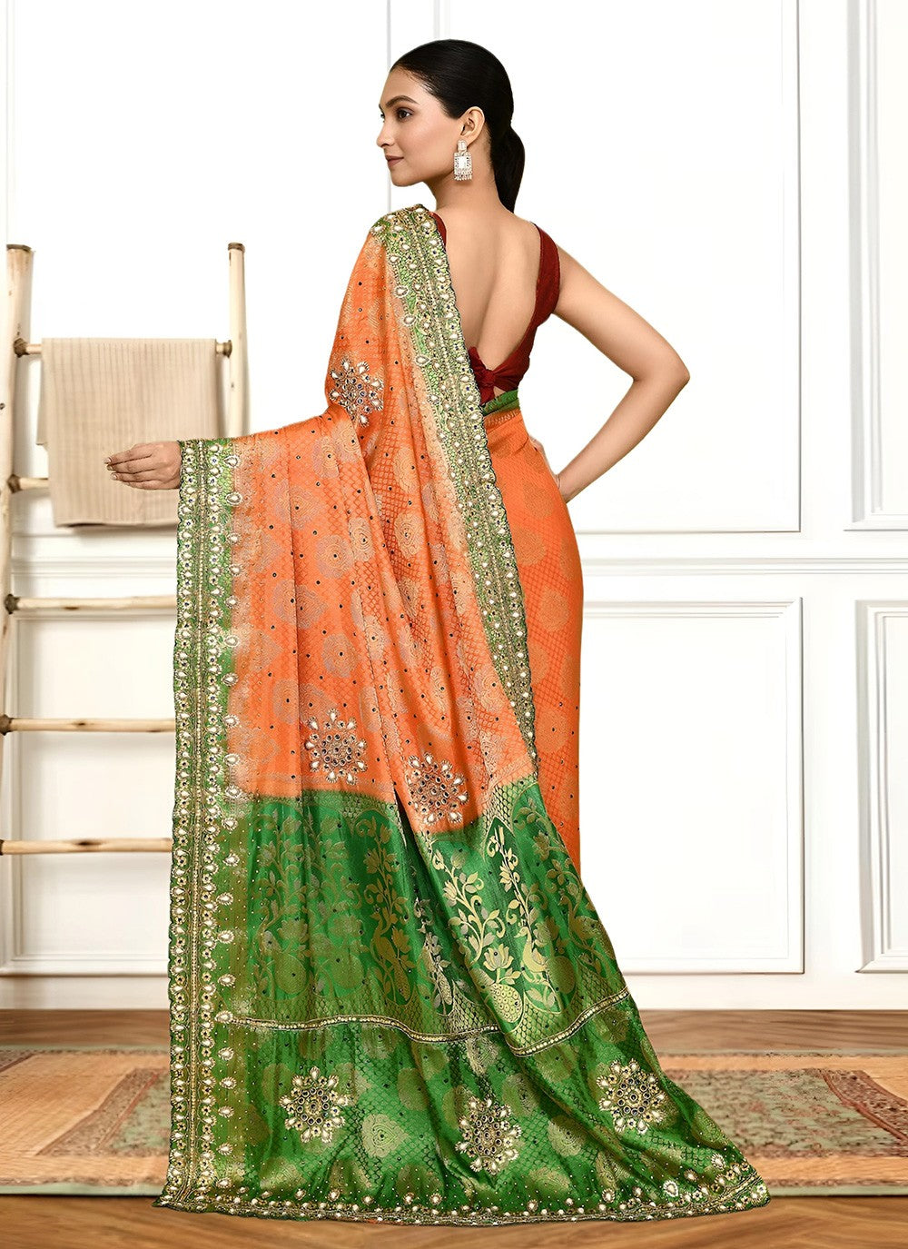 Hand Embroidery Kanjivaram Silk Peach Saree S14271