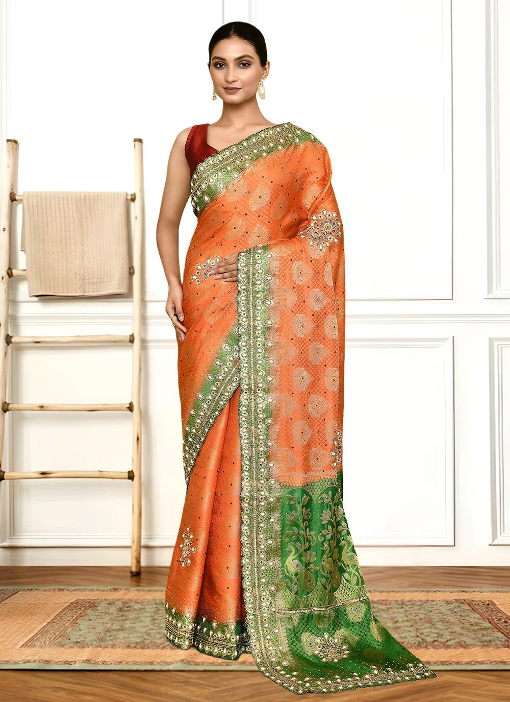 Hand Embroidery Kanjivaram Silk Peach Saree S14271