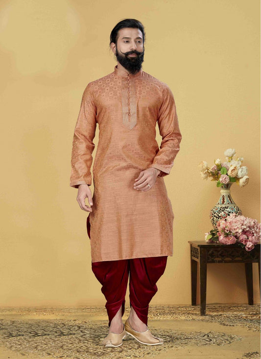 Embroidered Jacquard Silk Peach Kurta Pyjama - M1749