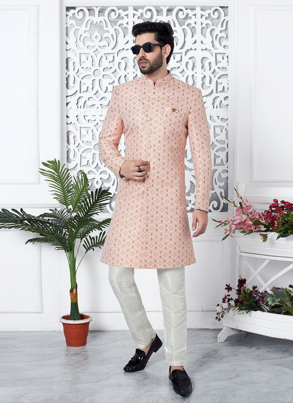 Fancy Work Jacquard Silk Peach Indo Western - M6624