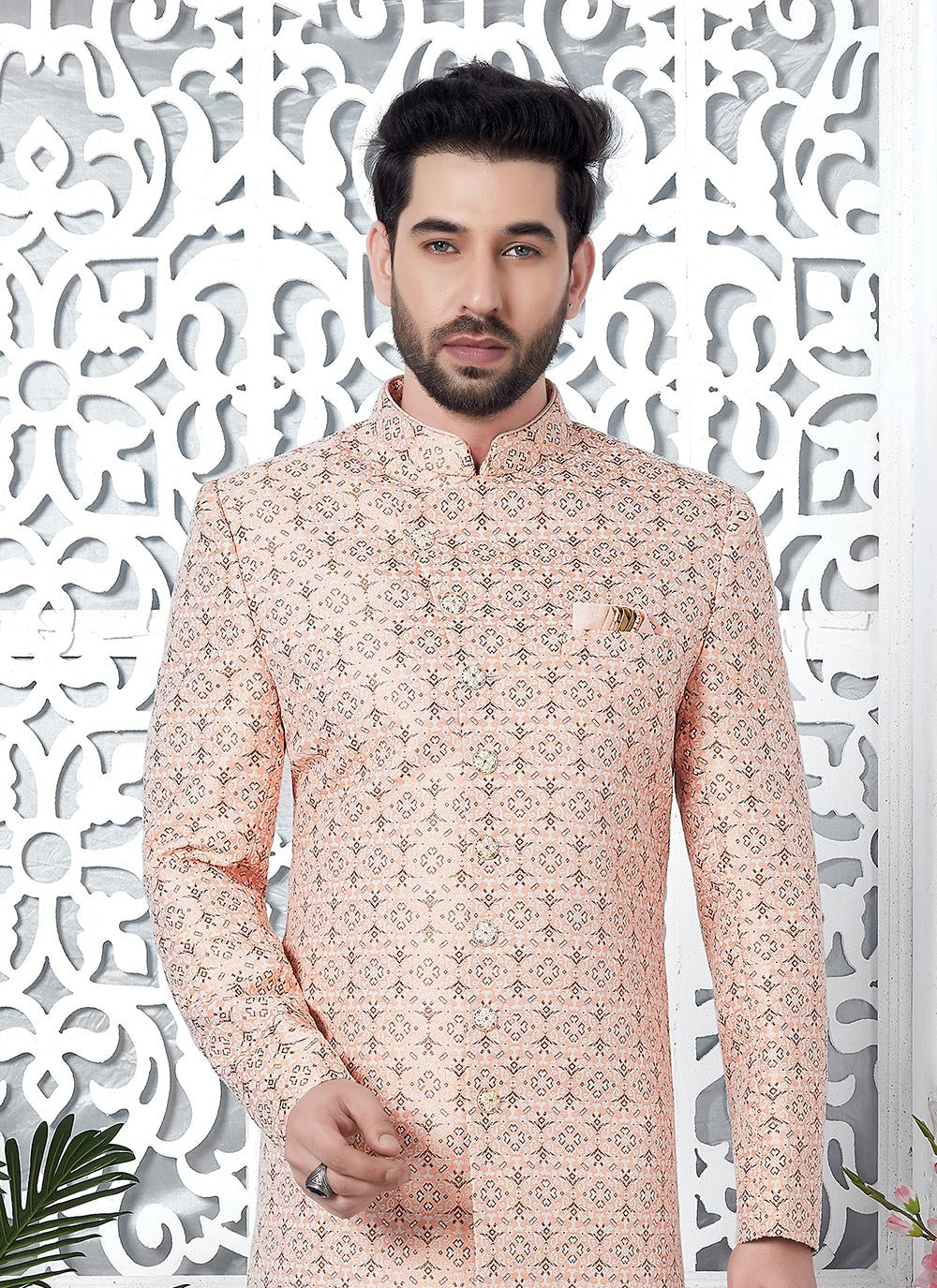 Fancy Work Jacquard Silk Peach Indo Western - M6624
