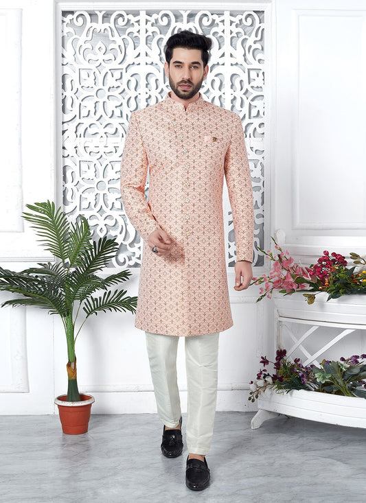 Fancy Work Jacquard Silk Peach Indo Western - M6624