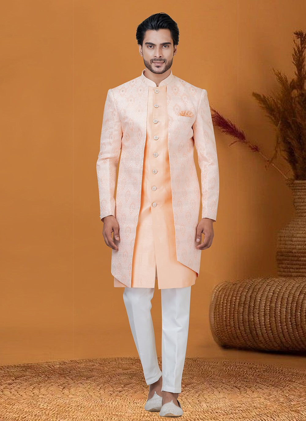 Jacquard Work Jacquard Silk Peach Indo Western - M8409