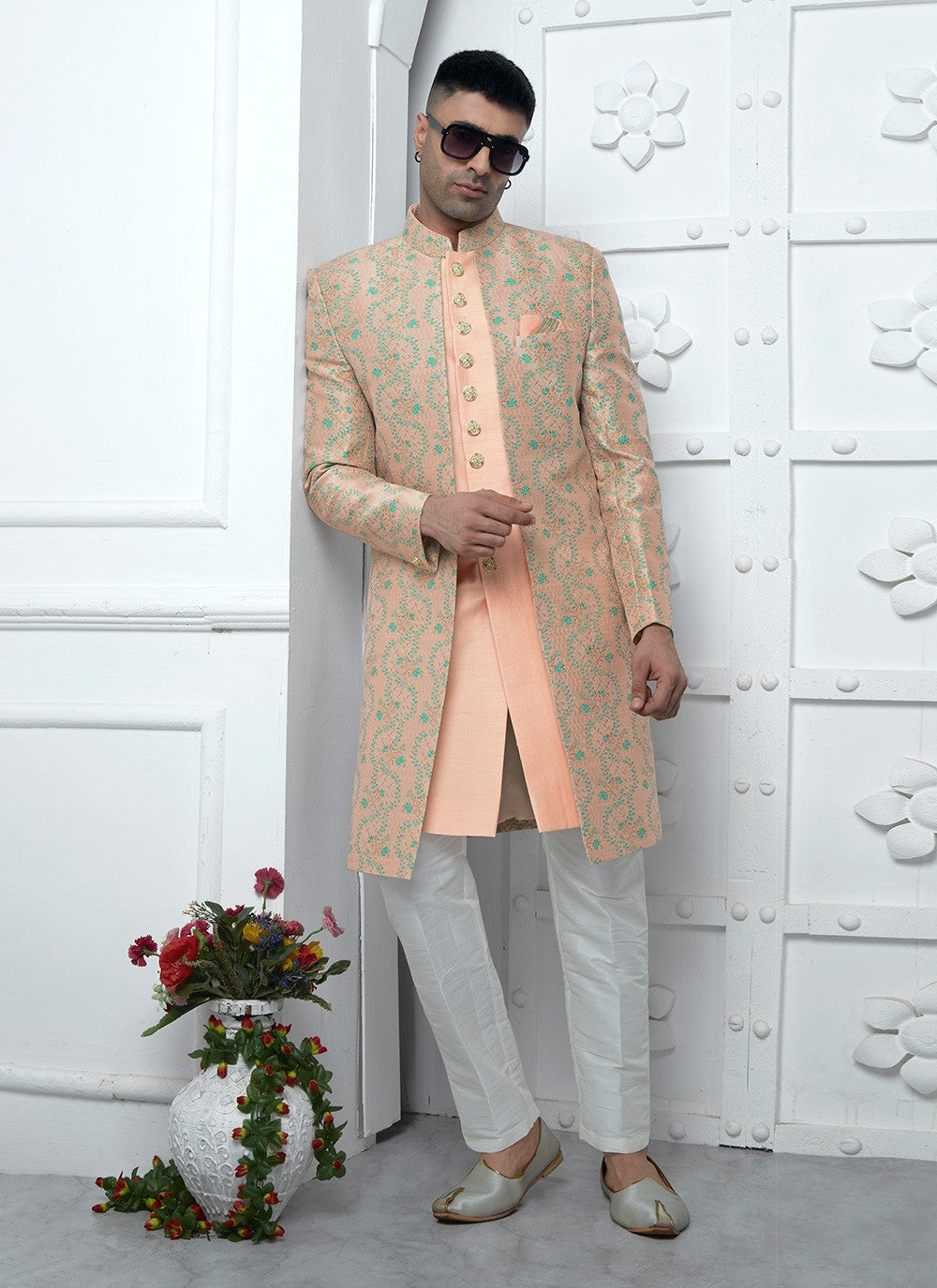 Fancy Work Jacquard Silk Peach Indo Western - M6612