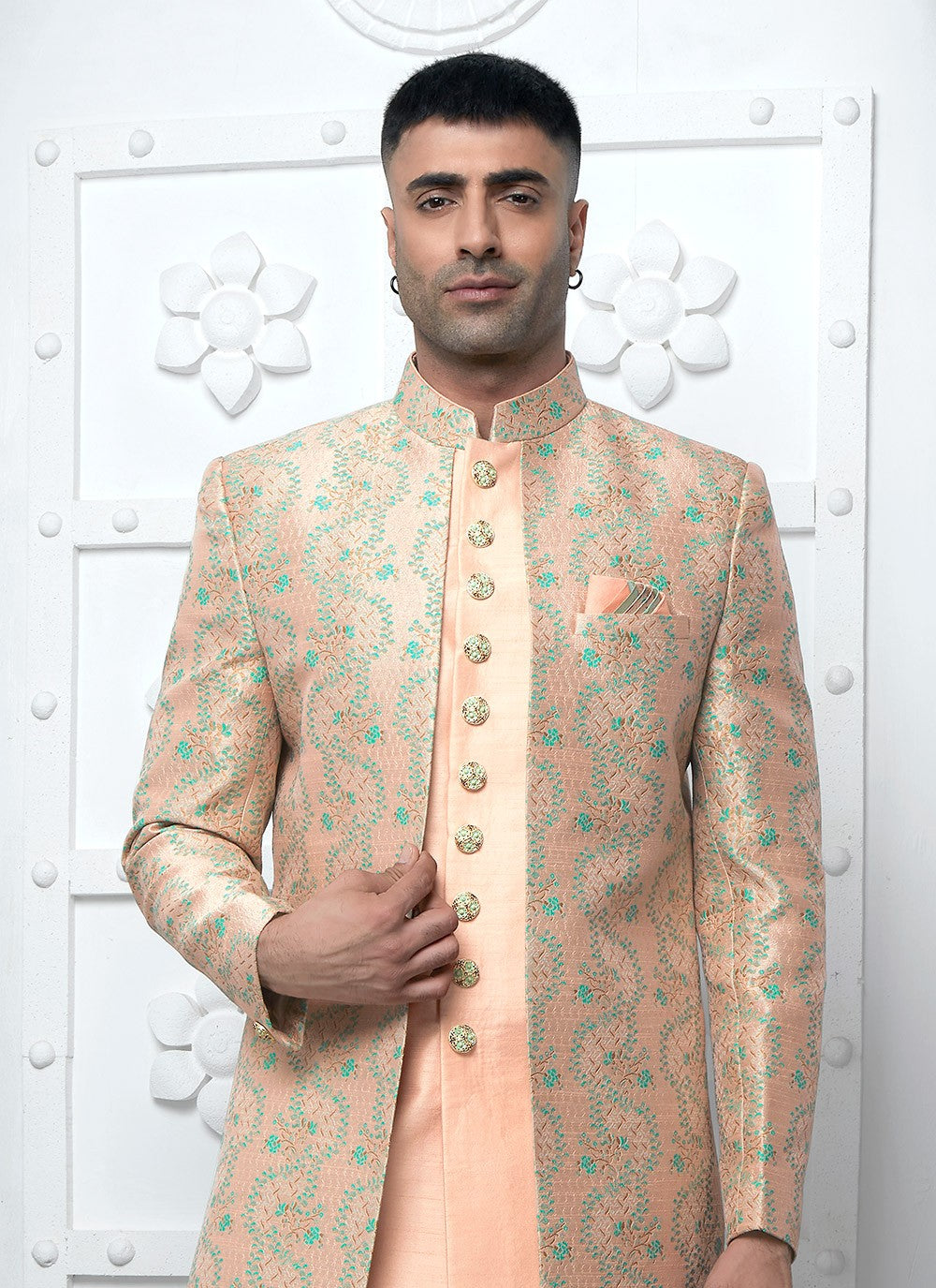Fancy Work Jacquard Silk Peach Indo Western - M6612