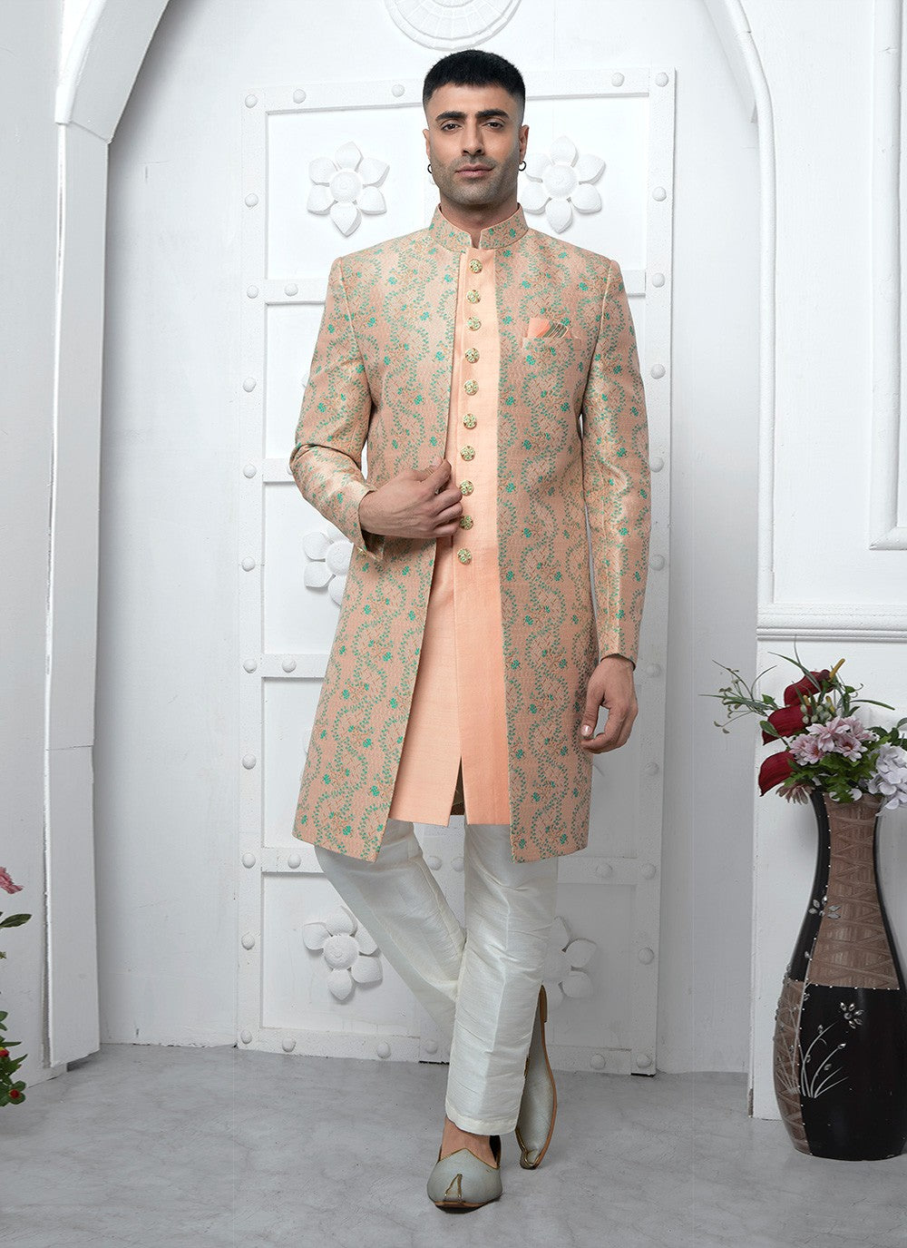 Fancy Work Jacquard Silk Peach Indo Western - M6612
