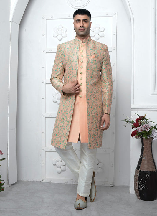 Fancy Work Jacquard Silk Peach Indo Western - M6612