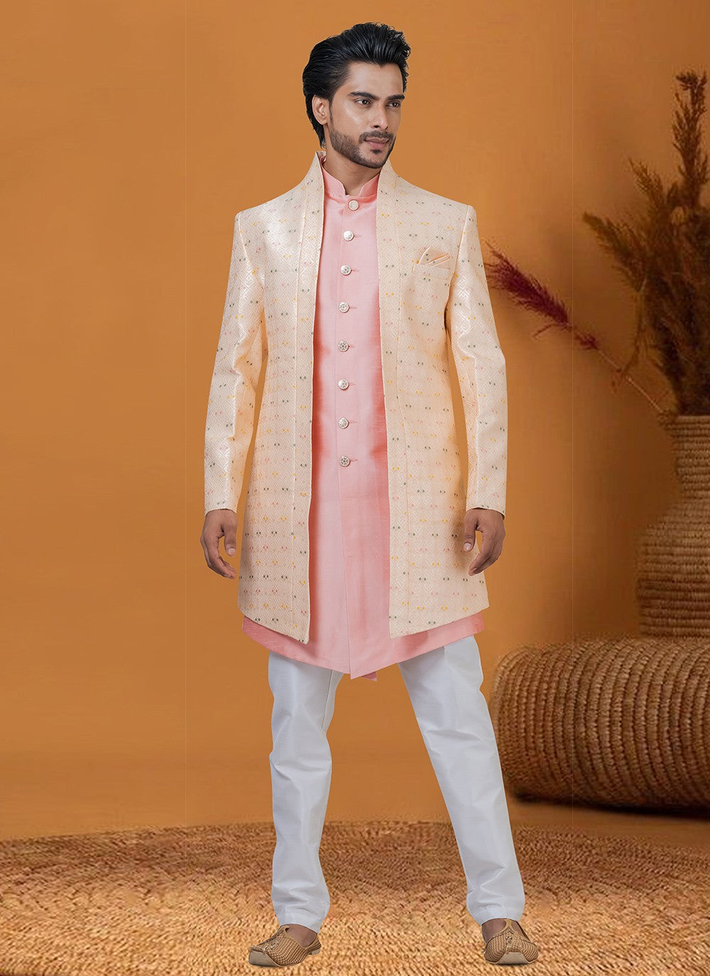 Jacquard Work Jacquard Silk Peach Indo Western - M8406