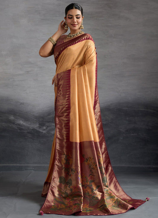 Peach Kanjivaram Silk Contemporary Saree Meenakari, Weaving Zari, Zari S19373
